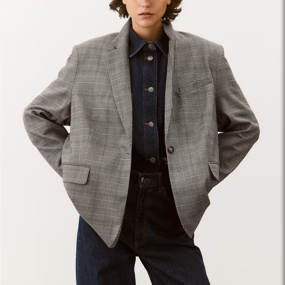 H&M Taupe Plaid Loose Fit Blazer
